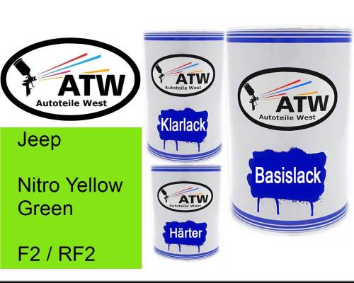 Jeep, Nitro Yellow Green, F2 / RF2: 500ml Lackdose + 500ml Klarlack + 250ml Härter - Set, von ATW Autoteile West.